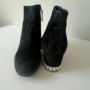 White House Black Market Black Suede Booties with Pearl Heel Accent